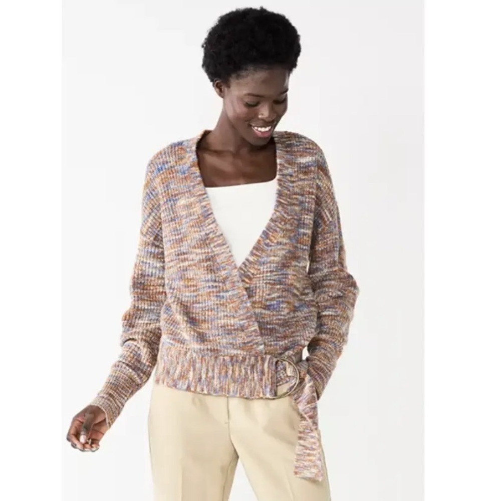🦋 NWT Nine West Orange Blue Marled V-Neck Wrap Sweater Medium